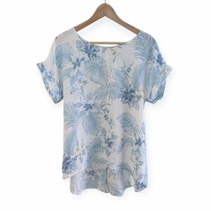 Terzo Millennio Blue Floral Linen Short-Sleeve Blouse Small